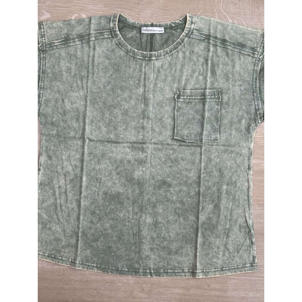 Zenana Washed Olive Green Pocket Tee | Vintage Mineral Wash Relaxed Fit Top NEW